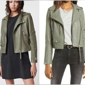 AllSaints Darnley Leather Biker Jacket Sage Green